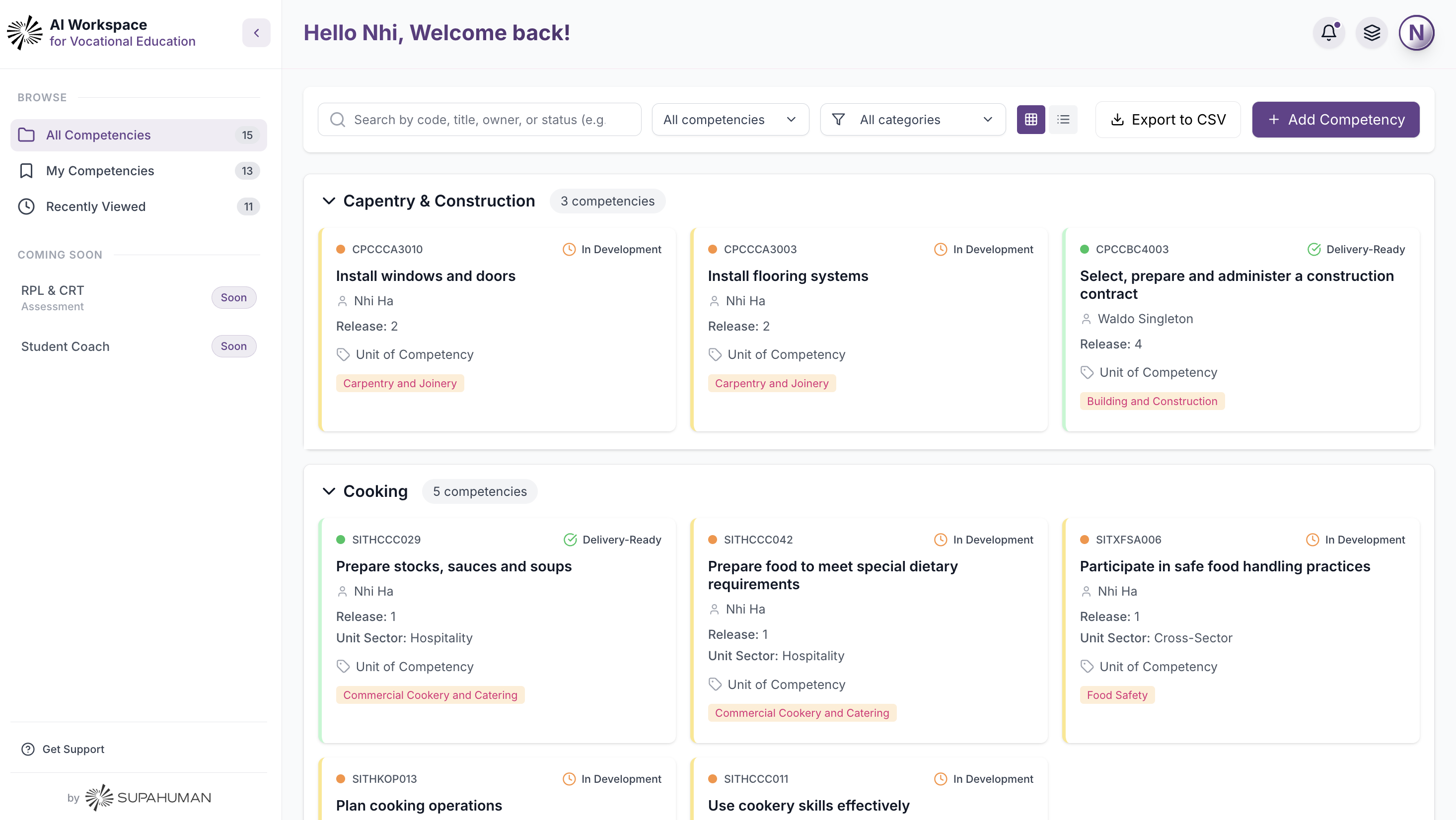 The VETos workspace, showing competency cards organised by category with status and ownership